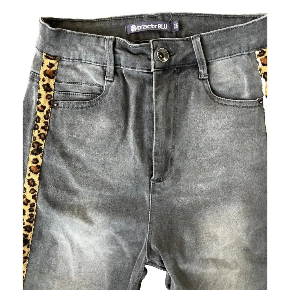 Women’s Y2K Jeans 24”x26” Rockstar Glam Leopard Print Side Raw Edge High Rise